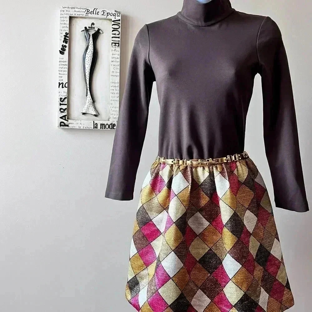 NWT Y2K Alice + Olivia Chocolate Brown Checkered Turtleneck Mini Dress M